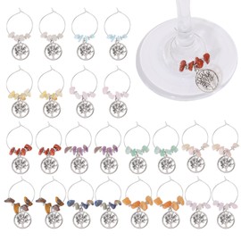 CHGCRAFT 24Pcs Natural Gemstone Wine Glass Charms Alloy Tree of Life Wine Glass Charms Wine Glass Markers Drink Markers Tags Beads Wine Charms for Gift Party Decorations