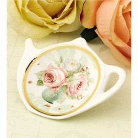 White Porcelain Ceramic with Flower Trim Gold Rim Teapot-Shaped Tea Bag Holder Tea Bag Coasters, Spoon Rests; Classic Tea Saucer Seasoning Dish Set