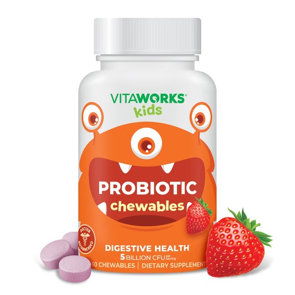 VitaWorks Kids Probiotic 5 Billion CFU Acidophilus Blend with Prebiotic Fiber Chewable Tablets - Berry Flavor - Vegan - Nut Free - Dietary Supplement - Probiotics for Digestive Health - 60 Chewables