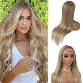 Balayage Wig Human Hair 180% Density Highlight Blonde Real Human Hair Wigs for White Women Pre Plucked Undetectable 13x4 HD Lace Frontal Ombre Highlight Ash Blonde Wig with Brown Roots 22 Inch