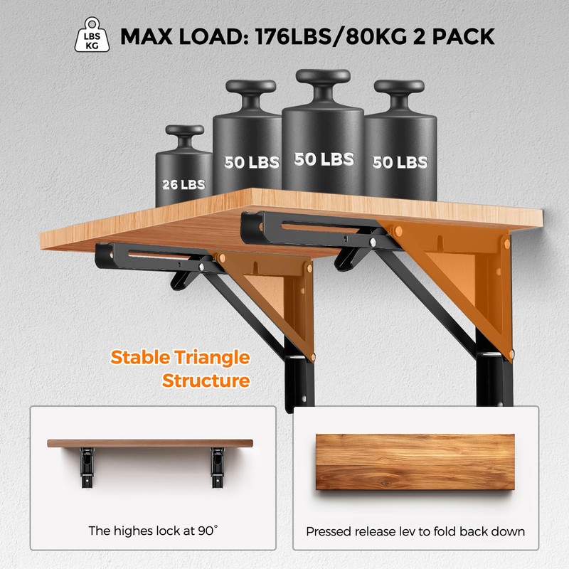 JOY DECOR 12 Inch Heavy Duty Folding Shelf Brackets, 2