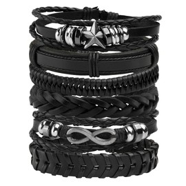 Manfnee 6PCS Braided Leather Bracelet Punk Biker Cuff Wrap Bracelets for Men Women Adjustable