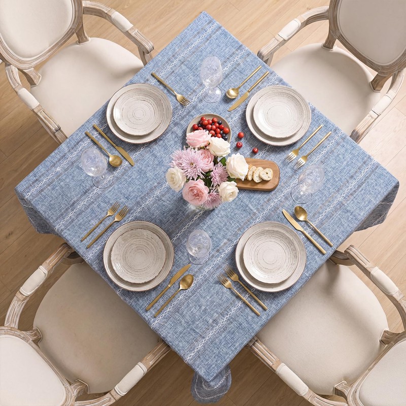 Horaldaily Blue Cotton Blend Tablecloth 60×84 Inch Rectangular, Farmhouse Style,