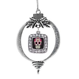 Inspired Silver - Sugar Skull Charm Ornament - Silver Square Charm Holiday Ornaments with Cubic Zirconia Jewelry