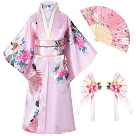 Japanese Traditional Dress Kimono Robe for Kids Girls Costume Silk Folding Fans hairstick Set(Pink140cm)