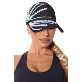 RITUMO Studded Rhinestone Crystals Ponytail Hats Bling Mesh Baseball Cap Fashionable Open Top Sun Visor Hat for Women, black/white
