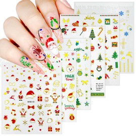 6 Sheets Christmas Bronzing Nail Art Stickers Santa Claus Xmas Trees Gift Elk 3D Self-Adhesive Nail Decals Winter Snowflake Nail Design Stickers Christmas Acrylic Nail Art Supplies for Women DIY Nail
