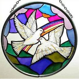 Decorative Hand Painted Stained Glass Window Sun Catcher/Roundel in a Doves of Peace Design.