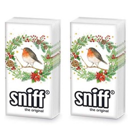 20 Individual Handkerchiefs Christmas Bird in Winter Wreath. 2 Packs of 10 Individual Handkerchiefs Gift