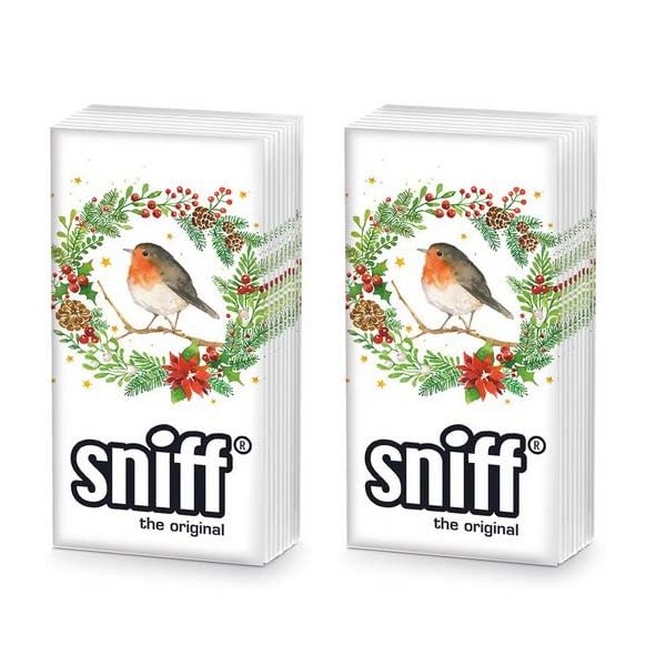 20 Individual Handkerchiefs Christmas Bird in Winter Wreath. 2 Packs of 10 Individual Handkerchiefs Gift
