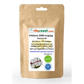 Folic Acid 270 Tablets, 1000 mcg Each - Folic Acid - Vitamin B9 = 500% of the Daily Requirement per Tray Vegan - No Magnesium Stearate - Made in Germany