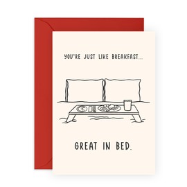 Humorous and Hot Love Card - Breakfast in Bed Pun - Valentines Day or Anniversary Romantic Ideas for Him, Her, Babe, Girlfriend, Boyfriend, Husband, Wife, Partner, Hun, Sweetheart, Spouse