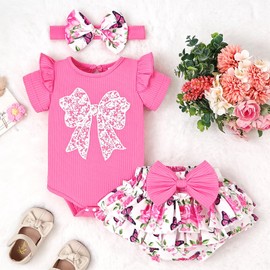 18 Months Girl Clothes Baby Summer Outfits Cute Bow Romper Ruffle Sleeve Infant Flower Dress Shorts Set with Headband Rose Red