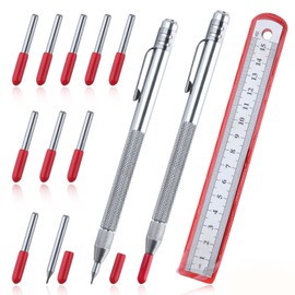 LEONTOOL 2 Pcs Tungsten Steel Scriber with Magnet Replaceable Tip Scriber Tool with Extra 10 Replacement Marking Tip 1 Ruler Etching Engraving Pen for Glass Wood Metal Sheet Leather