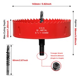 Hole Saw 5-5/8 inch for Wood and Plastic, 143mm Diameter HSS Bi-Metal Circular Hole Drill Cutter with Pilot Bit for Drywall, Plasterboard, Fiberglass and Vent Pipes, 3-Flat Shank 3/8"