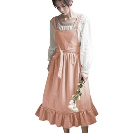 Apron for Women Girls Cute Cotton Linen Kitchen Cooking Apron Dress with Pockets Vintage Ruffle Apron Pinafore Dress Baking Gardening Work Art Painting Florist Shop Overalls Pink-ruffle One Size