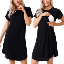 AGKRUNN Women Sleepshirts 3 in 1 Delivery/Labor/Maternity/Nursing Nightgown Short Sleeve Breastfeeding Sleep Dress Pure Black S