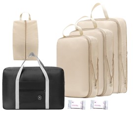 Packing Cubes Set of 5 – Compression Travel Organiser Bags with Shoe Bag & Foldable Duffle – Lightweight Luggage Cubes for Suitcase, Business Trips & Holidays (Beige)