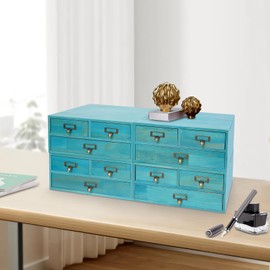 4 Pack Desktop Cabinets, 3-Drawer Vintage Wood Desk Organizer Stackable Units with Label Holders for Herb Storage, Apothecary Diaries, Tea Collection, Cosmetics, Jewelry (Blue)