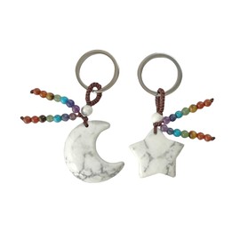 RECKSI Crystal Moon Star Couple Keychains 7 Chakra Stone Beads Keyrings for Car Key Bag Decor, White Howlite Turquoise