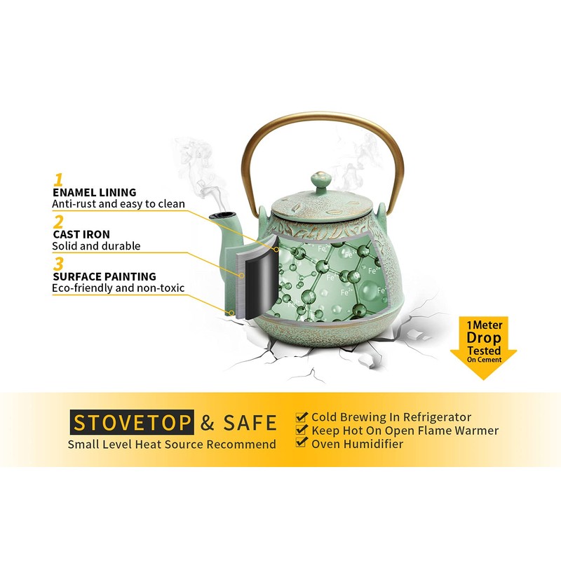 Toptier Tea Kettle for Stove Top, Cast Iron Teapot Stovetop