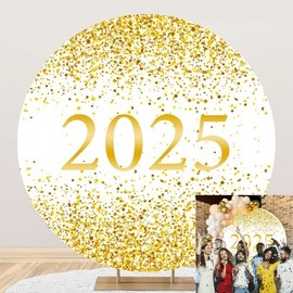 OERJU Happy New Year 2024 Round Backdrop Cover White and Gold New Year Photo Backdrop New Year Festival Celebration Party Decoration Supplies Photography Background Booth Studio Props 7.5ft