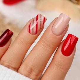 Pack of 24 Glue-On Nails, Short Square Red Stripes, French Tip Artificial Nails, Press On Nails, Full Coverage, Natural Acrylic Fingernails, Artificial Nails for Women and Girls, Nail Art Decoration