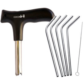 CocoDrill Coconut Opener Tool + 5 Reusable Straws -COMBO PACK - Stainless Steel Drinking - 1 metal straw + Cleaner - Eco Friendly, SAFE, NON-TOXIC