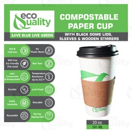 20 oz Compostable Paper Cups with Black Dome Lids, Sleeves and Wooden Stirrers - Biodegradable Disposable White Paper Coffee Cups PLA Lined - Eco-friendly Hot and Cold Drinking Cups (50)