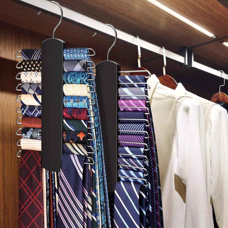 2 Pack Tie Rack for Closet, Premium Wooden Necktie Organizer