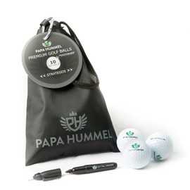 Papa Hummel – Premium Golfbälle, 2 Layer | 3 Layer, Mit reflektierender Beschichtung für besonders hohe Sichtbarkeit | Wiederverschließbarer Beutel mit Befestigung am Bag | 10 Strategos Golfbälle