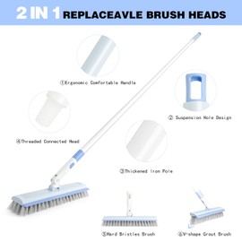 XXFLOWER Floor Scrub Brush and V-Shape Grout Brush with Long Handle 3 in 1 Replaceable Head Scrape Brush Stiff Bristle with Swivel Head for Cleaning Tiles Hardwood Floors Patios Blue