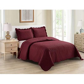 Home Collection 3pc Full/Queen Over Size Luxury Embossed Bedspread Set Light Weight Solid Burgundy New