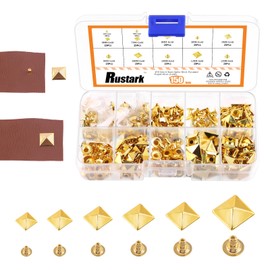 Rustark 150 Sets 6 Sizes 6mm 7mm 8mm 9mm 10mm 12mm Gold Pyramid Rivet Square Leather Rivets Kit Metal Studs Pyramid Rapid Rivet Studs Assortment Kit for DIY Leather Craft Decorations