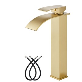 gotonovo Waterfall Tall Bathroom Faucet Single Handle Bathroom Faucets for Sink 1 Hole Stainless Steel Vessel Sink Faucet Modern Mixer Tap Wash Basin Faucet Without Pop Up Drain, Brushed Gold