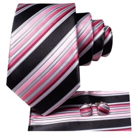 Hi-Tie Men Ties Sets Silk Stripe Paisley Necktie Pocket Square Cufflinks for Business Wedding,Black Pink