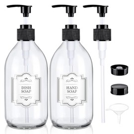 Glass Pump Bottle Dispenser 16 oz，Homepicker Shampoo Lotion Bottle with Pump for Body Oil，500ml Glass Bottles with 1 Extra Pump Tops, Black Caps, Labels - 2 Pack