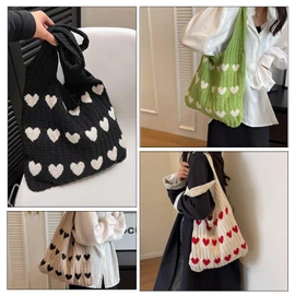 CUNGGI Knitted Shoulder Bag, Crochet Tote Bag with Cute Heart Pattern, Hobo Bag, Knitted Shopping Shoulder Bag, Tote Bag, Hollow Shopper for Women, black