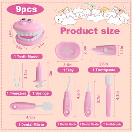 9-Piece Dental Pretend Play Set, Educational Dentist Play Kit with Teeth Model, Toothbrush, Dental Mirror, Syringe, Toothpaste, Tray, and Dental Tools, Fun Pretend Play Doctor Kit for Kids (Pink)