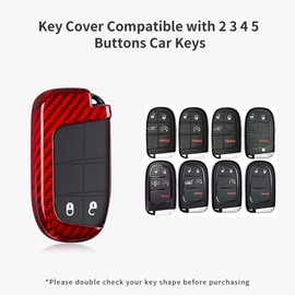 Carbon Fiber Key Fob Cover Compatible with Jeep,T-carbon Protection Key Case Compatible with Jepp Grand Cherokee Cherokee Renegade Chrysler Dodge Charger Challenger Durango Journey Key,Keychain,Red