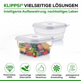 KLIPPSI® Lunchbox faltbar 900ml Doppelpack- Brotdosen Frischhaltedosen aus Platin Silikon hitze-kältebeständig, auslaufsicher, spülmaschinengeeignet (limette)