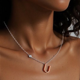 Initial Necklace for Women, Rose Gold Plated Letter Pendant with 3mm Zircon & 16+2" Silver-Tone Chain, Free size, Brass, Cubic Zirconia