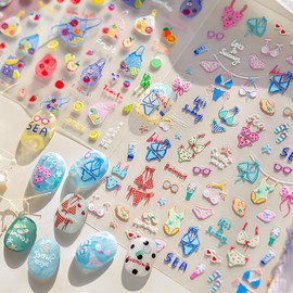 Summer Beach Vacation Sunglasses Slipper Swimsuit Nail Stickers Cute Swimming Suit Net Bag Fruit Nail Art Stickers Relief Swimwear Lemon Banana Strawberry String Bag Fruits Nail Decals Nails Supplies