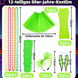 Ymoryiyi 80s 90s Women's Neon Outfit Complete Set - Madonna Costume with Tutu Skirt, 4 Necklaces, Flash Earrings, Mesh Gloves & Headband in Bright Green for Carnival, 80s Party & Cosplay