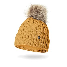 HEYO H18527 Women's Winter Hat with Fleece Inner Band | Slouch Beanie Winter Hat | Warm Knitted Hat with Bobble | Bobble Hat, mustard yellow