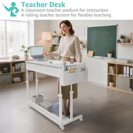 Rolling Standing Desk Adjustable Height with Drawers, 40 Inch Mobile Stand Up Portable Teacher Desks on Wheels for Classroom, Couch Sofa Side Laptop Table with Storage for Bedroom Home Office, Black