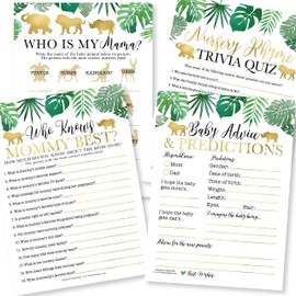 50 juegos de safari para baby shower de género neutro, 4 juegos de doble cara, Who Knows Mommy Best Baby Shower juego, juego de nombre de animales de bebé, rima infantil, tarjetas de predicción y consejos para bebés
