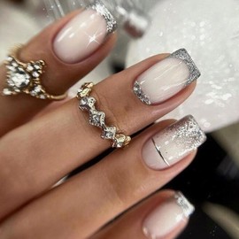 Medium Square Press on Nails SWEKKE French Tip Fake Nails White Full Cover Glue on Nails Sliver Glitter Glossy False Nails Stick on Nails Acrylic Nails Artificial Nails for Women Girls 24 Pcs