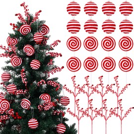 Syhood 24 Pcs Red and White Christmas Ornaments, Fluff Christmas Balls Woolen Candy Cane Curly Hanging Christmas Tree Picks Branches for Xmas Hanging Decors Wreath Garland Table Vase Mantel Decor