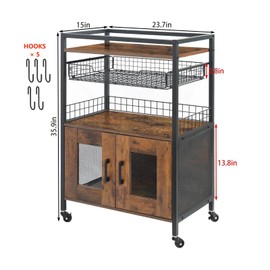 Hencawima Coffee Bar Cabinet, 3 Tier Coffee Station Table on Wheels, 35.9" H Bar Cart with Wire Basket Drawer & 5 Hooks for Home Kitchen, Liquor Buffet Sideboard Cabinet (Rustic Brown)